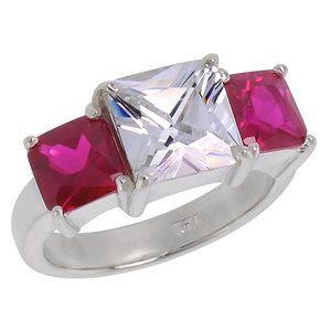 Sterling Silver Ruby CZ 3 stone Engagement Ring